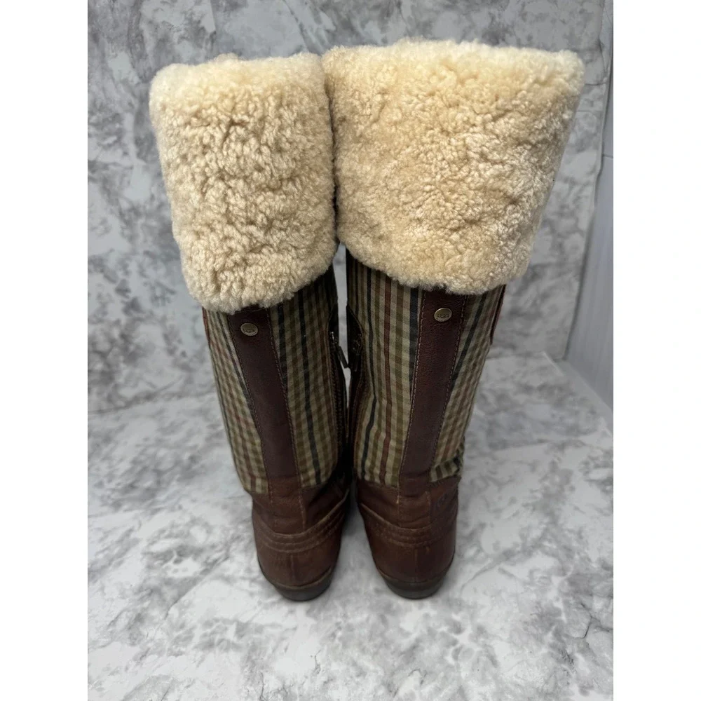 UGG Australia Adirondack Tall Plaid Snow Boots Brown Leather Sheepskin   10